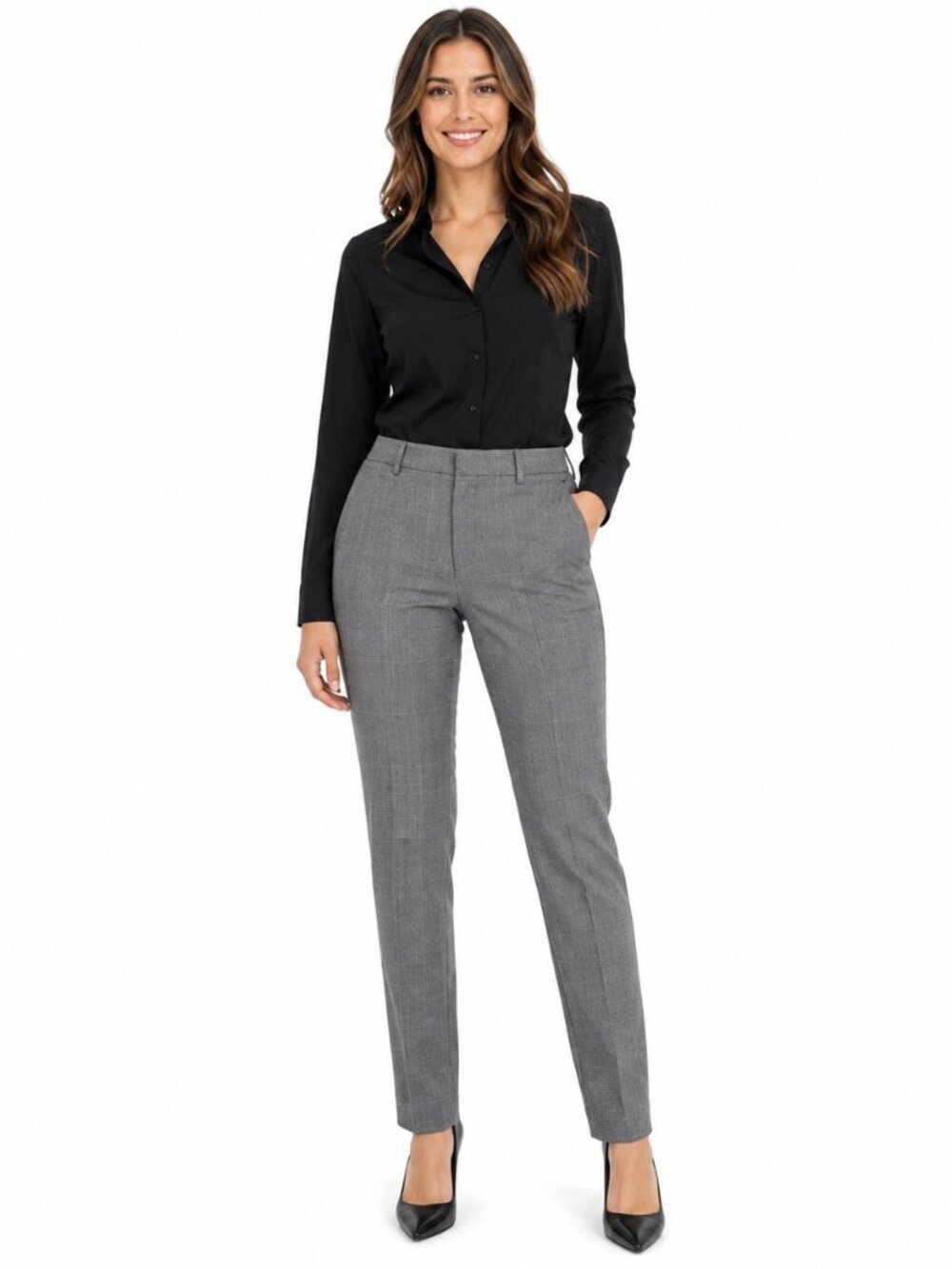 H&M Womens Slim Fit Pants Size 32 Gray Plaid Check Dress Trousers